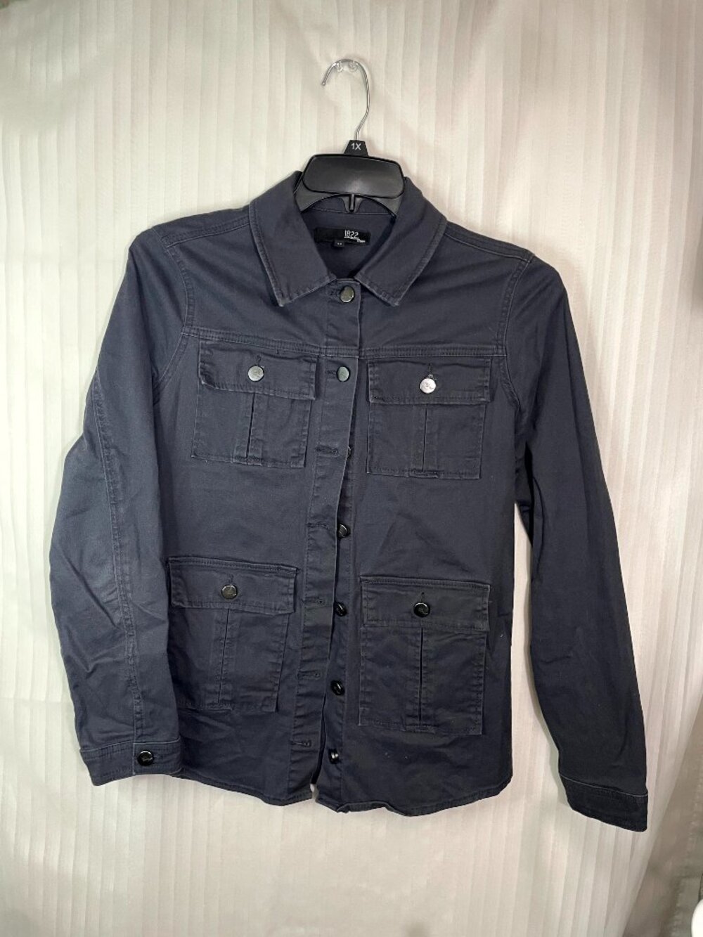 1822 Denim Utility Jacket Womens Medium Gray Button Front Military Safari Style